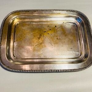 Vintage silver plate rectangle bead edged card tray slight raised base